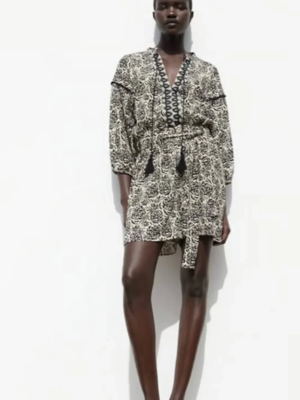 Zara | Linen Blend Floral Print Belted Romper with Tassels | Size	Large